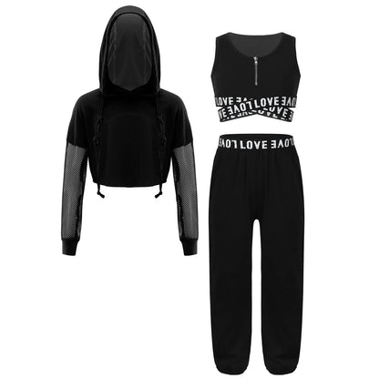 Girls Hip Hop Long Sleeve Drawstring Hooded Tops with Crop Top Pants Tracksuit (Age 6-14YRS)
