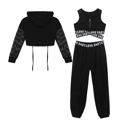 Girls Hip Hop Long Sleeve Drawstring Hooded Tops with Crop Top Pants Tracksuit (Age 6-14YRS)