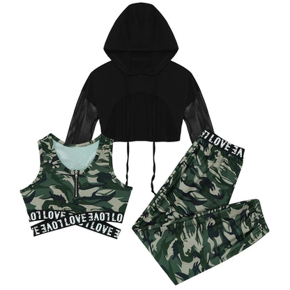 Girls Hip Hop Long Sleeve Drawstring Hooded Tops with Crop Top Pants Tracksuit (Age 6-14YRS)
