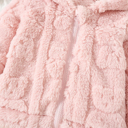 Baby Girl Pink Fleece Heart Pattern Hooded Jacket (Age 6M-3 YRS)