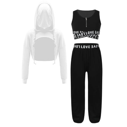 Girls Hip Hop Long Sleeve Drawstring Hooded Tops with Crop Top Pants Tracksuit (Age 6-14YRS)