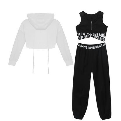 Girls Hip Hop Long Sleeve Drawstring Hooded Tops with Crop Top Pants Tracksuit (Age 6-14YRS)